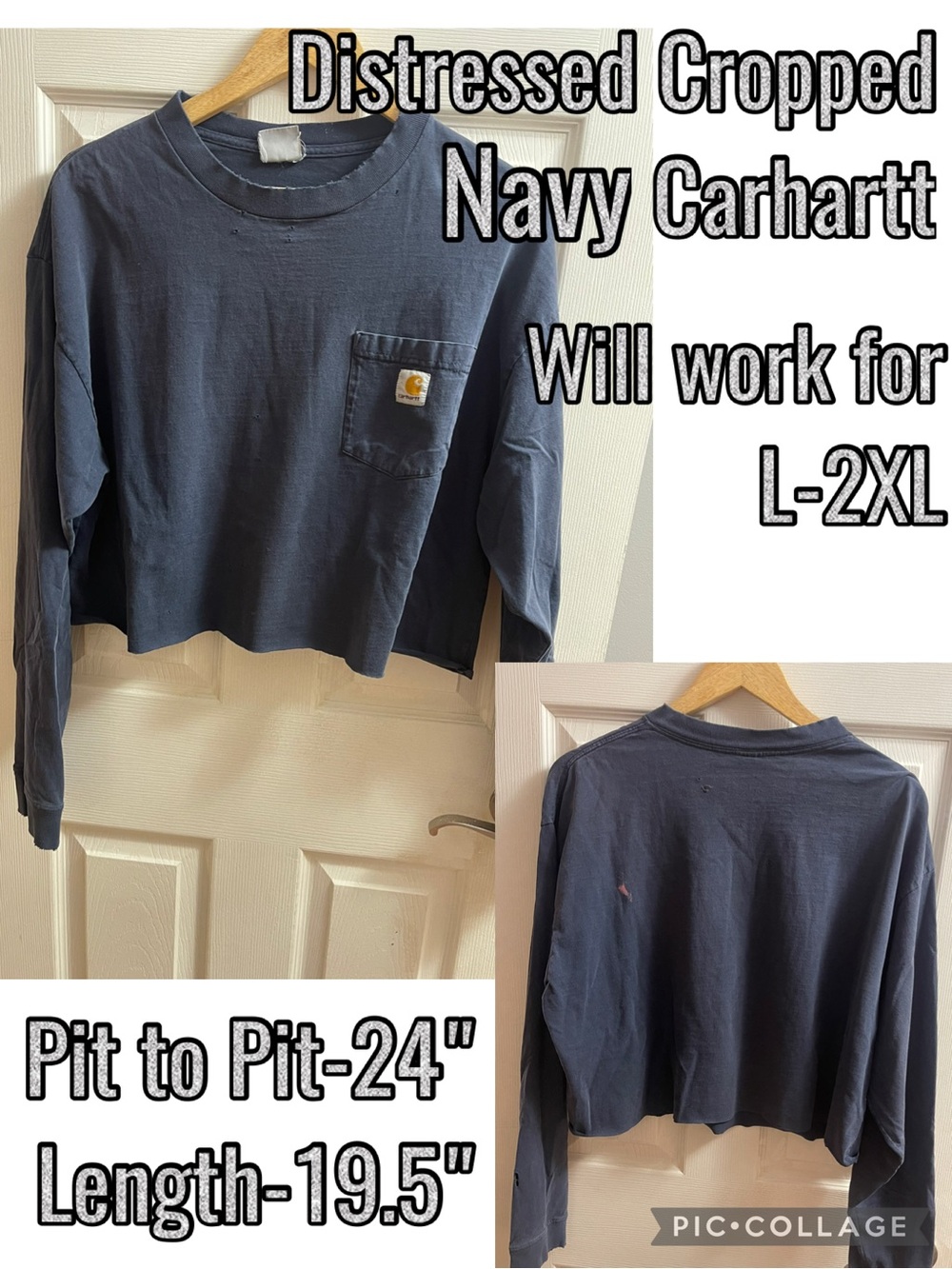 Carhartt Navy Distressed Cropped Long-Sleeve Pocket Tee